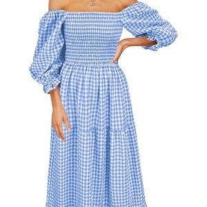 Blue Gingham Midi Long Dress